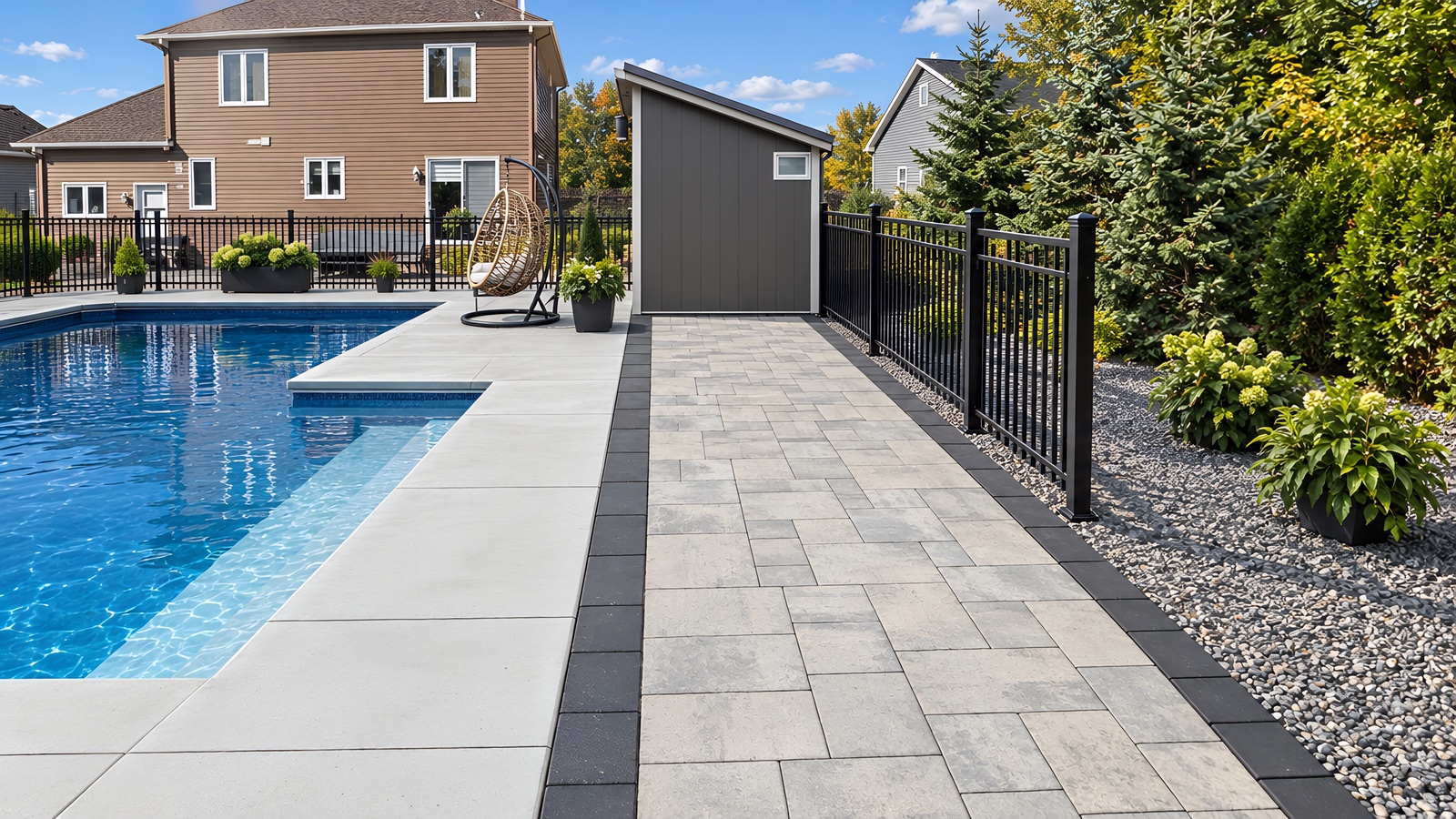 Patio de piscine à Québec : dalle de béton à gauche et pavé uni gris avec contour noir à droite