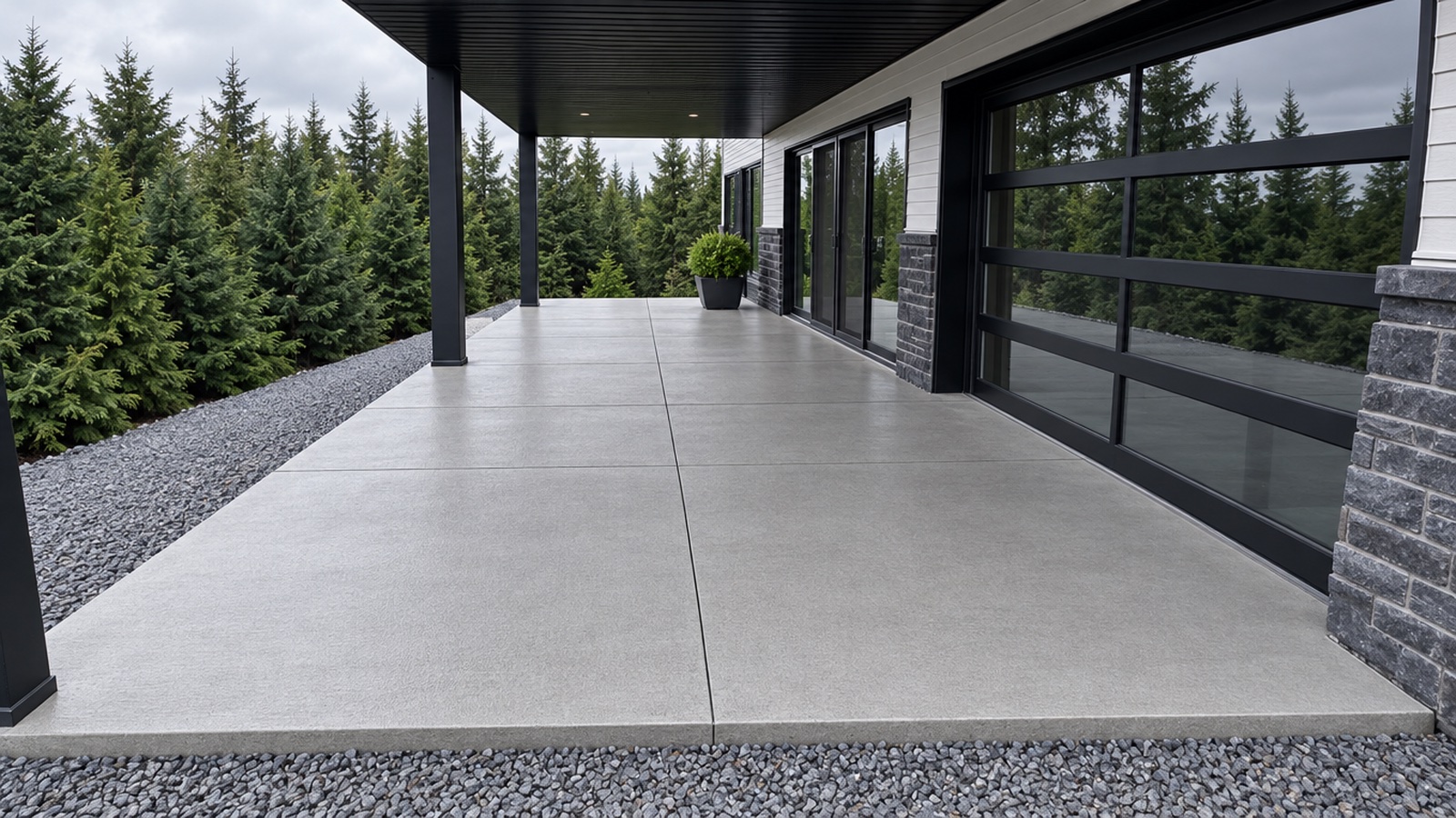 Dalle de béton de patio avec joints de retrait et base de pierre compactée, chantier Primo à Québec