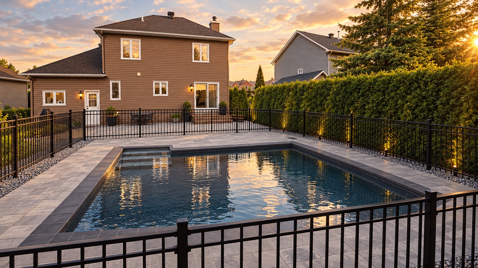 Terrasse de piscine en pavé Melville gris Scandina avec contour noir Rockland, projet Primo à Québec
