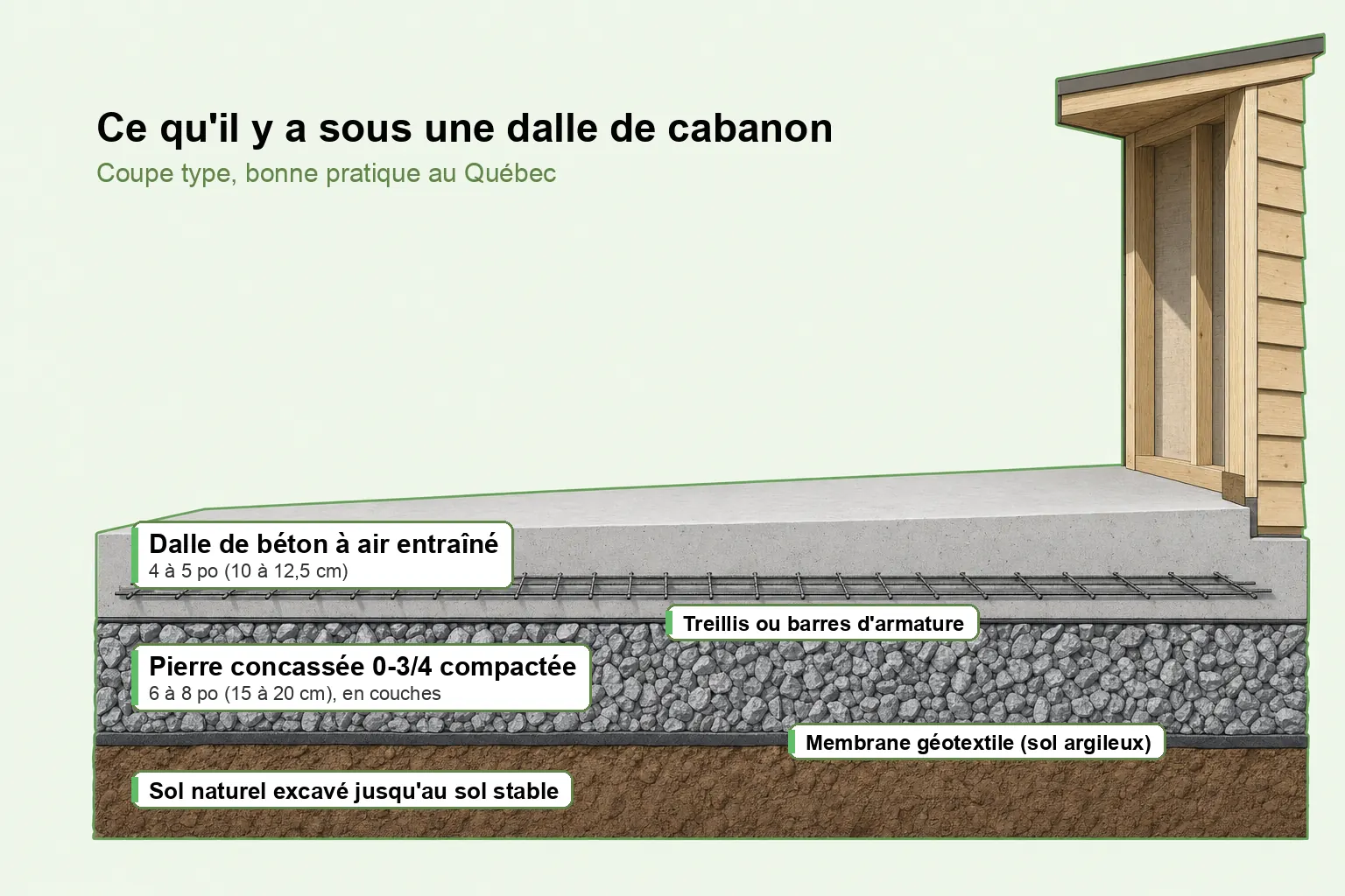 Coupe d'une dalle de béton de cabanon : béton à air entraîné, armature, pierre 0-3/4 compactée, géotextile et sol naturel